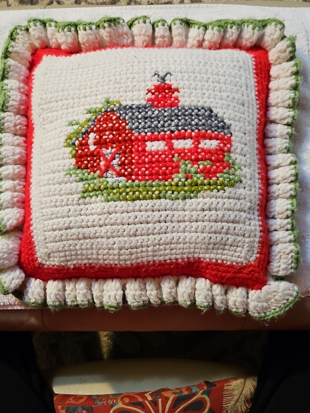 Vintage Handmade Crochet Red Barn Farmhouse Throw Pillow Ruffled Border Cozy